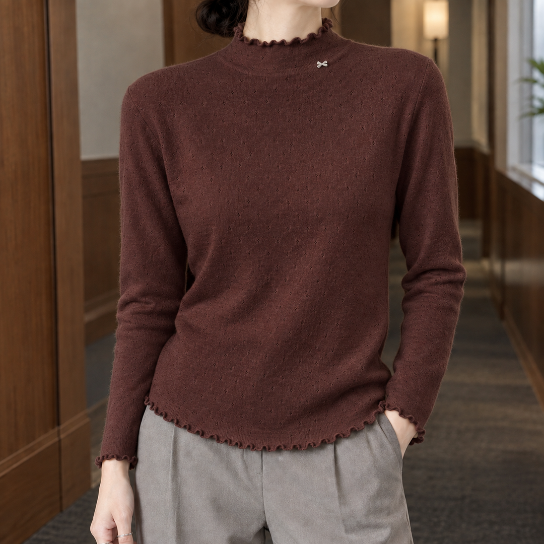 Women's Pointelle Mock Neck Jumper with Lettuce Edge Trim – Ishbel – Chocolate – front view