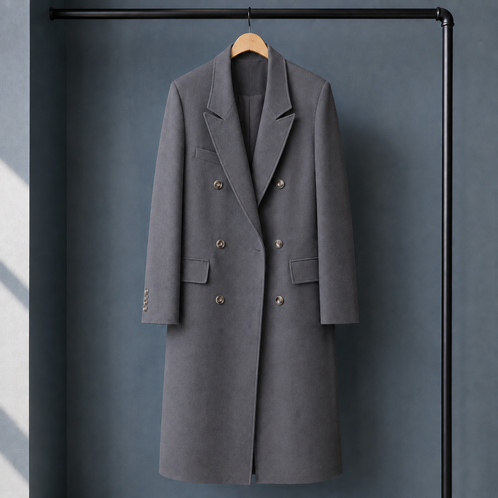Women's Double-Breasted Longline Coat with Peak Lapels – Woolacombe – Grey – front view