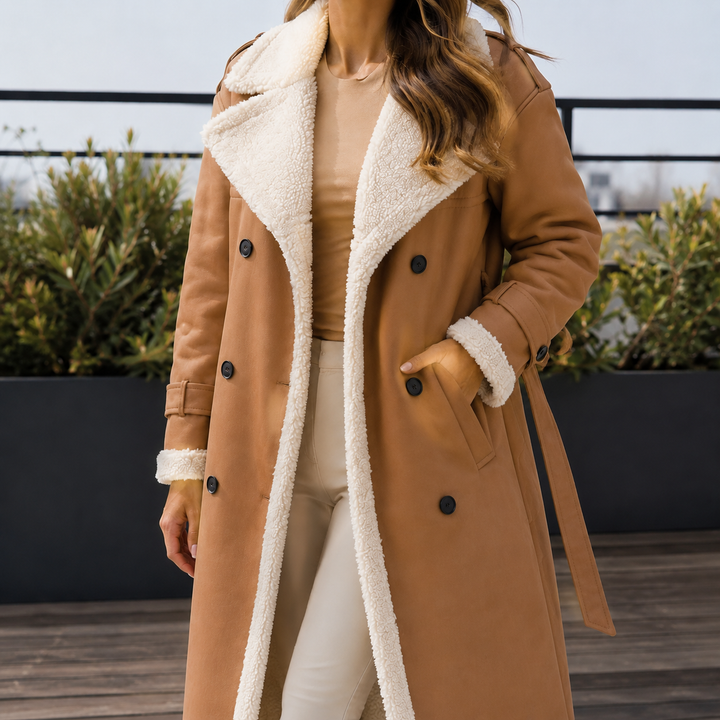 Cartmel women's belted longline coat in Camel – front view