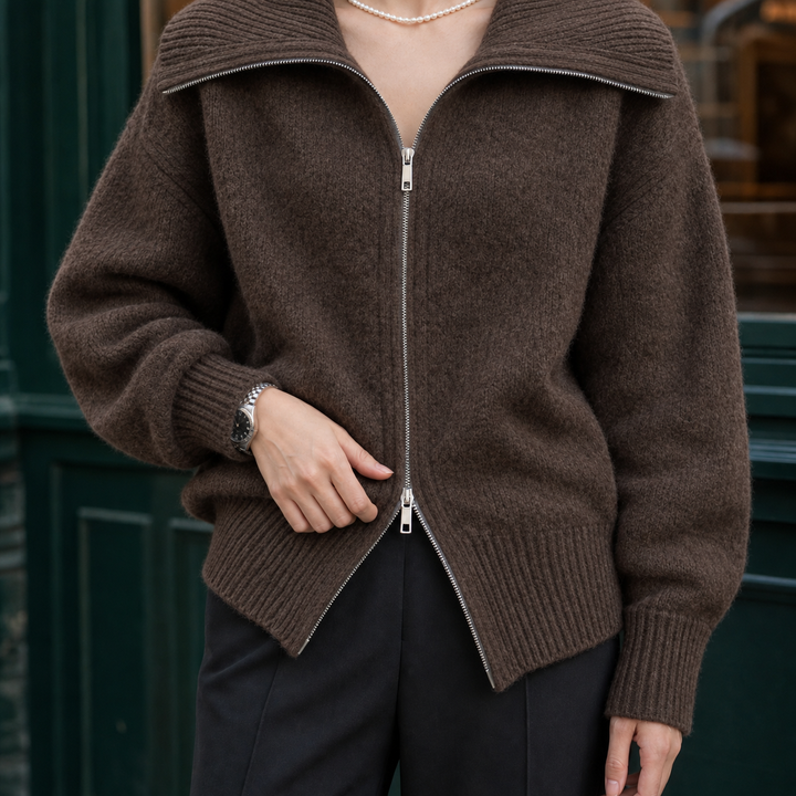 Hilda - Women's zip-through knit cardigan in Brown – product view