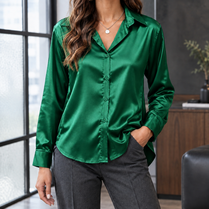 Women's Long Sleeve Satin Button-Up Shirt Sidonie – Dark Green – front