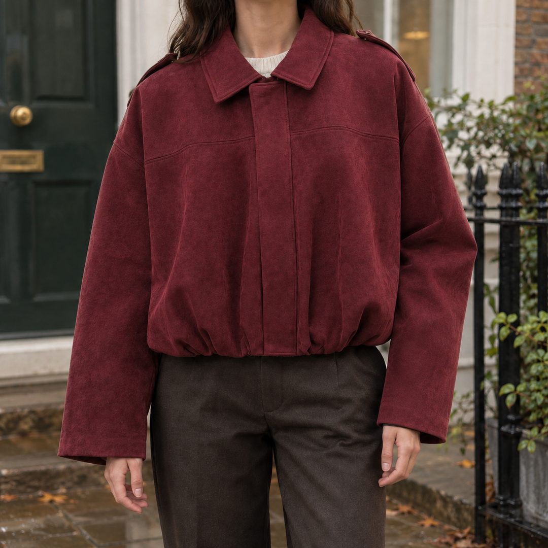 Skipton women's suede-effect bomber jacket in Burgundy – front view