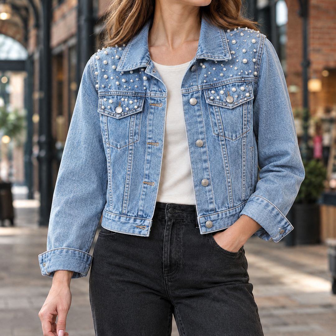 Women's Cropped Denim Jacket with Pearl Embellishment – Llandeilo – Light Blue – front view