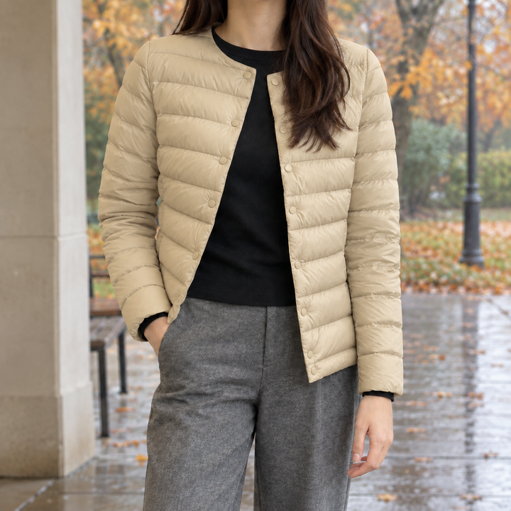 Polperro women's quilted down jacket in Stone – front view