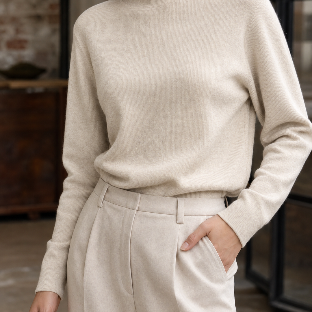 Women's Fine Rib Mock Neck Jumper – Agnetha – Oatmeal – front view