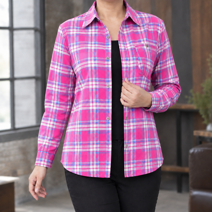Women's Relaxed Check Plaid Button-Up Shirt Mairead – Pink Plaid – front