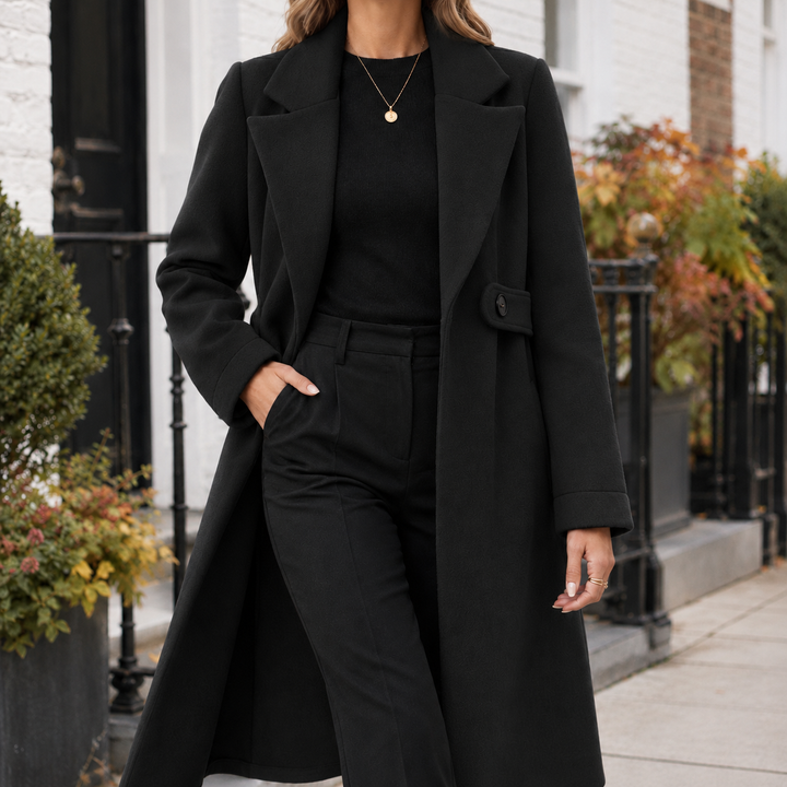 Strathearn women's longline coat in Black – front view