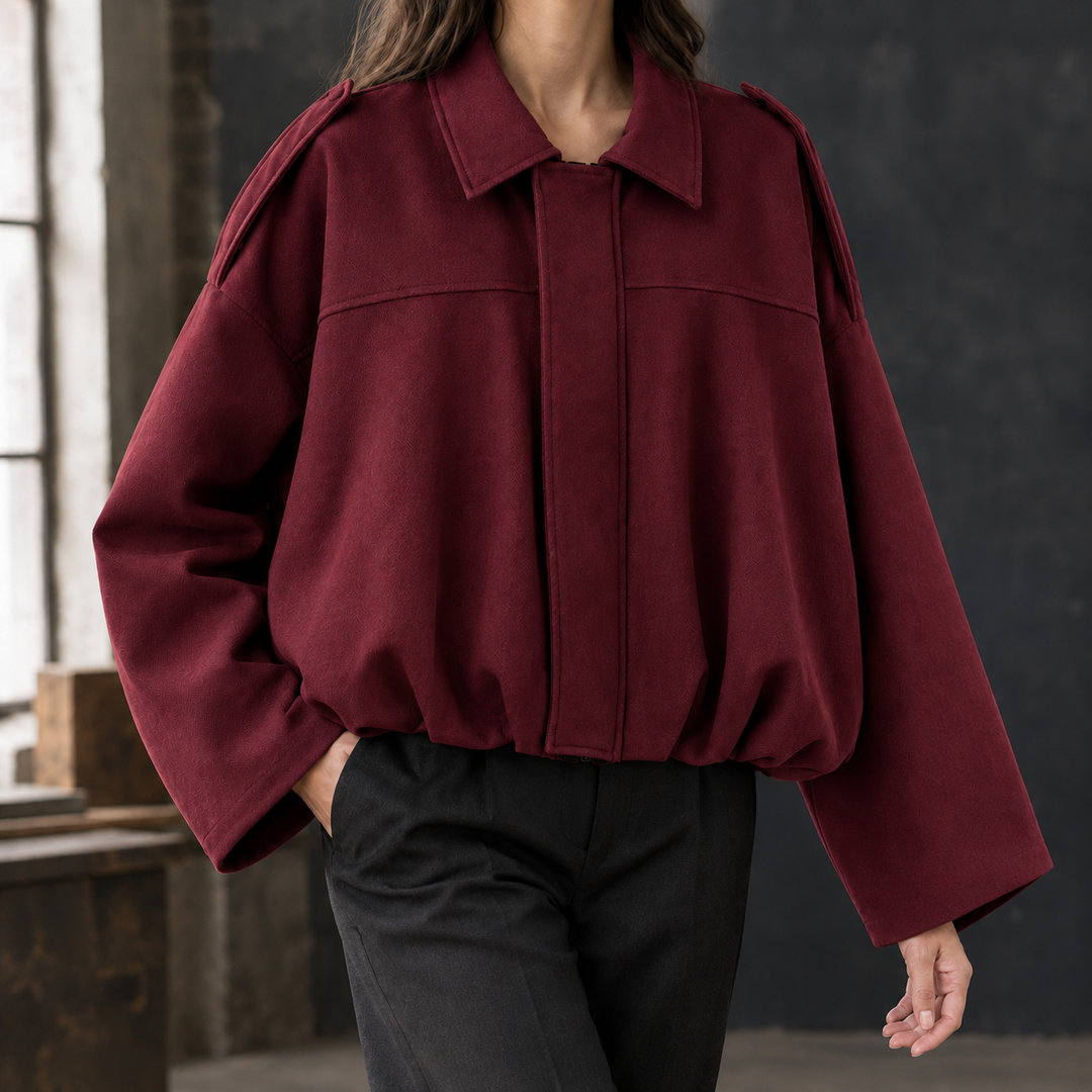 Maldon - Women's oversized bomber jacket in Burgundy – front view
