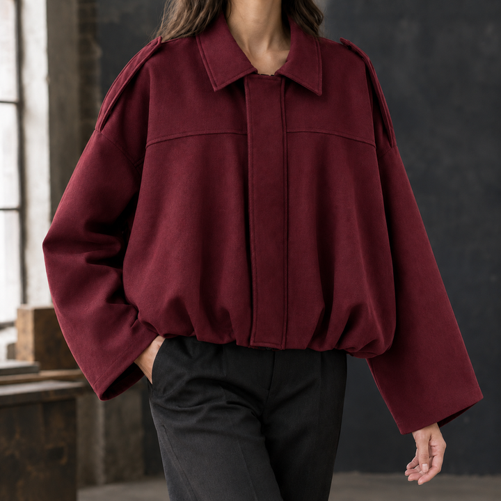 Maldon - Women's oversized bomber jacket in Burgundy – front view