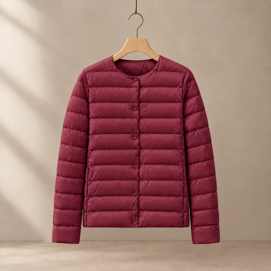 Women's Collarless Lightweight Quilted Jacket with Snap Front – Clitheroe – Burgundy – front view