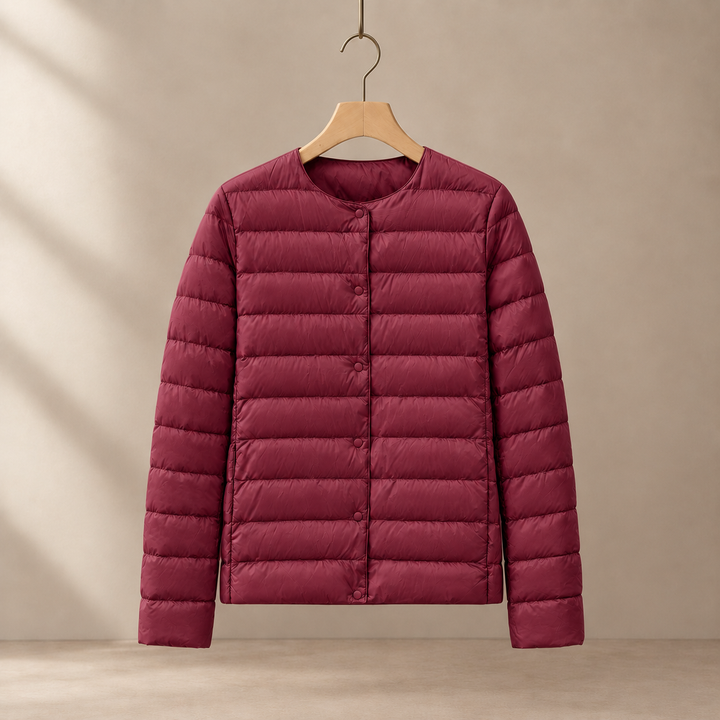 Women's Collarless Lightweight Quilted Jacket with Snap Front – Clitheroe – Burgundy – front view