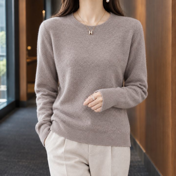 Women's wool crew neck jumper Kathleen in Light Brown – product view