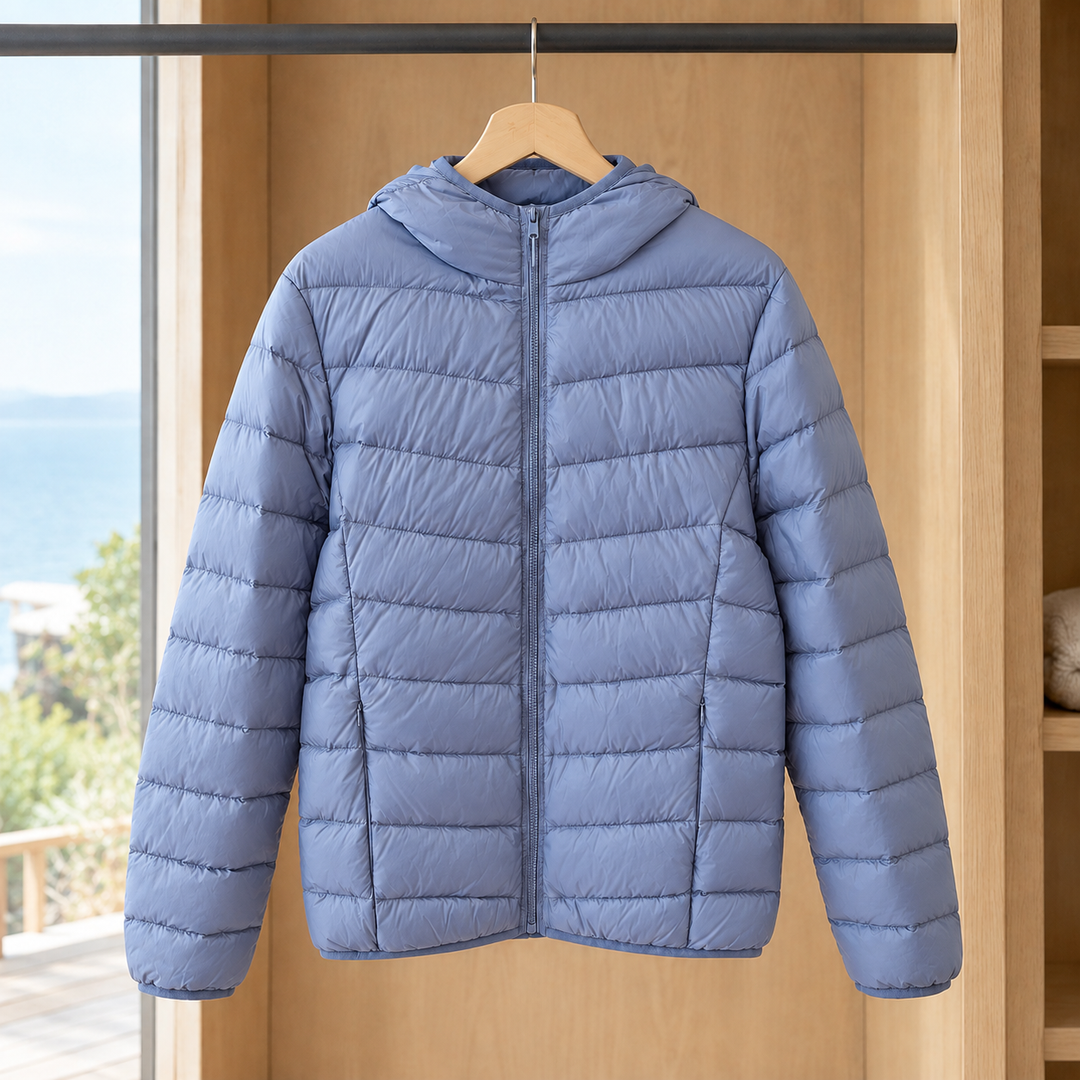 Rothbury women's hooded puffer jacket in Haze Blue – front view