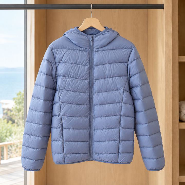 Rothbury women's hooded puffer jacket in Haze Blue – front view