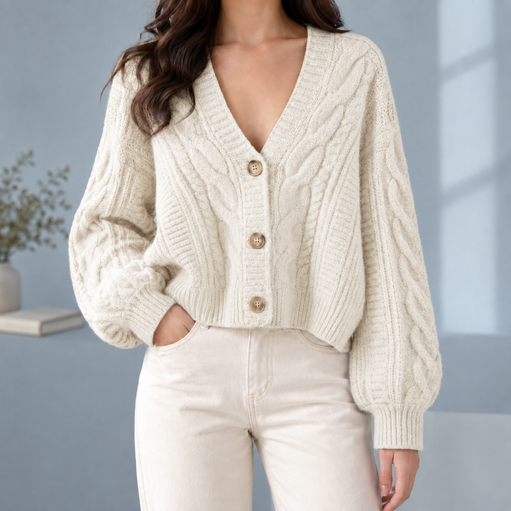 Ysella - Women's cropped cable knit cardigan in Ivory – front view