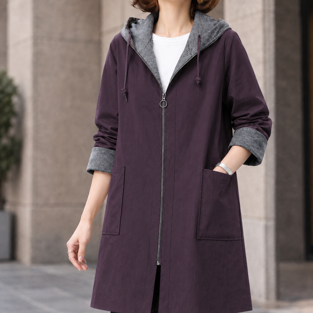 Bosham women's hooded zip-up coat in Dark Purple – front view