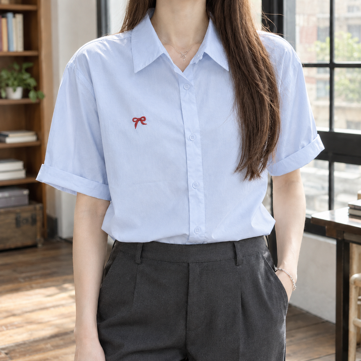 Women's Bow Embroidered Short Sleeve Shirt Honora – Blue – front