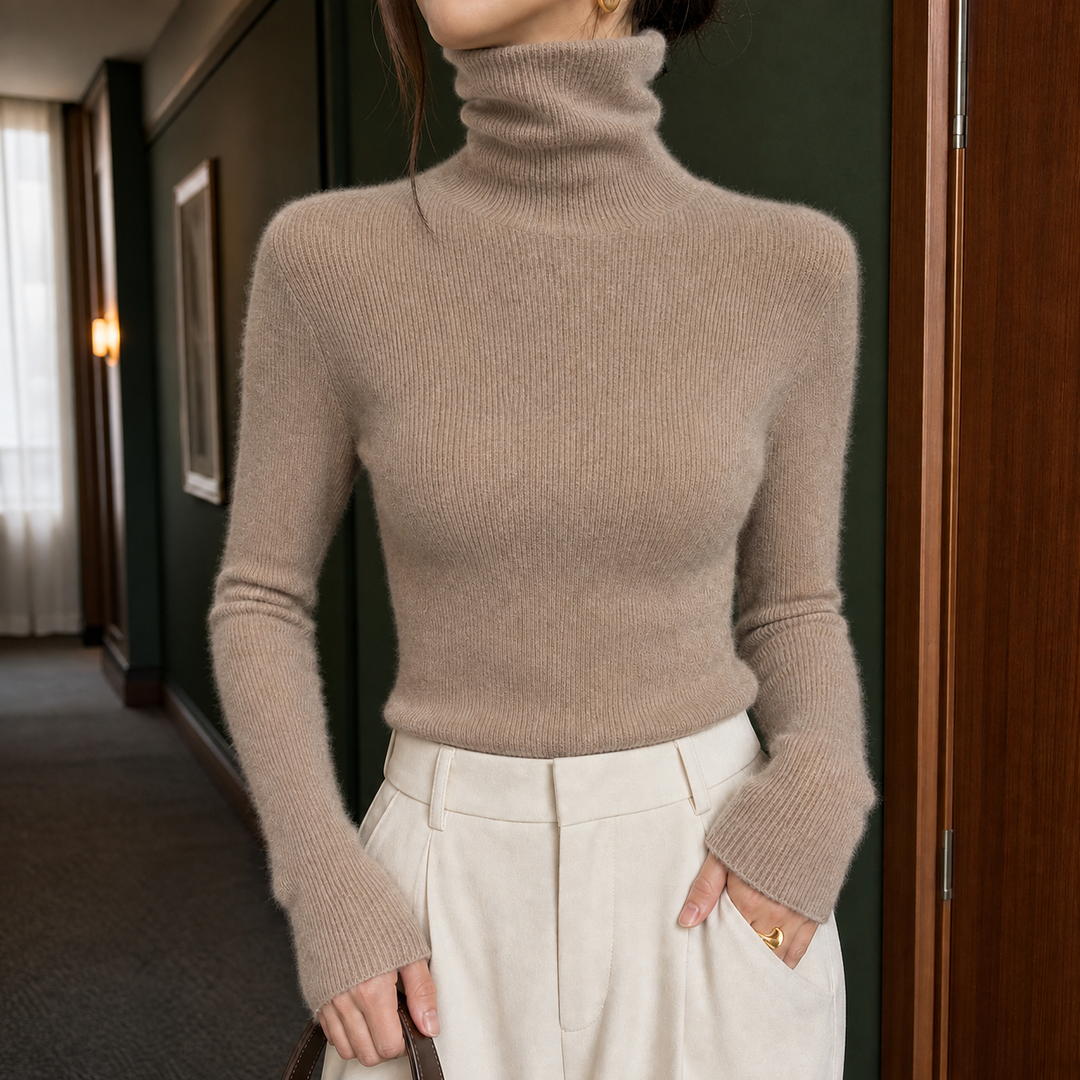 Women's Slim Fit Fine Ribbed Roll Neck Jumper – Sigrid – Taupe – front view