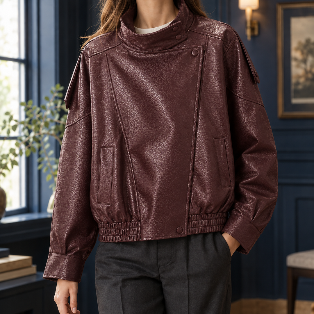 Seaford women's biker jacket in Burgundy – front view