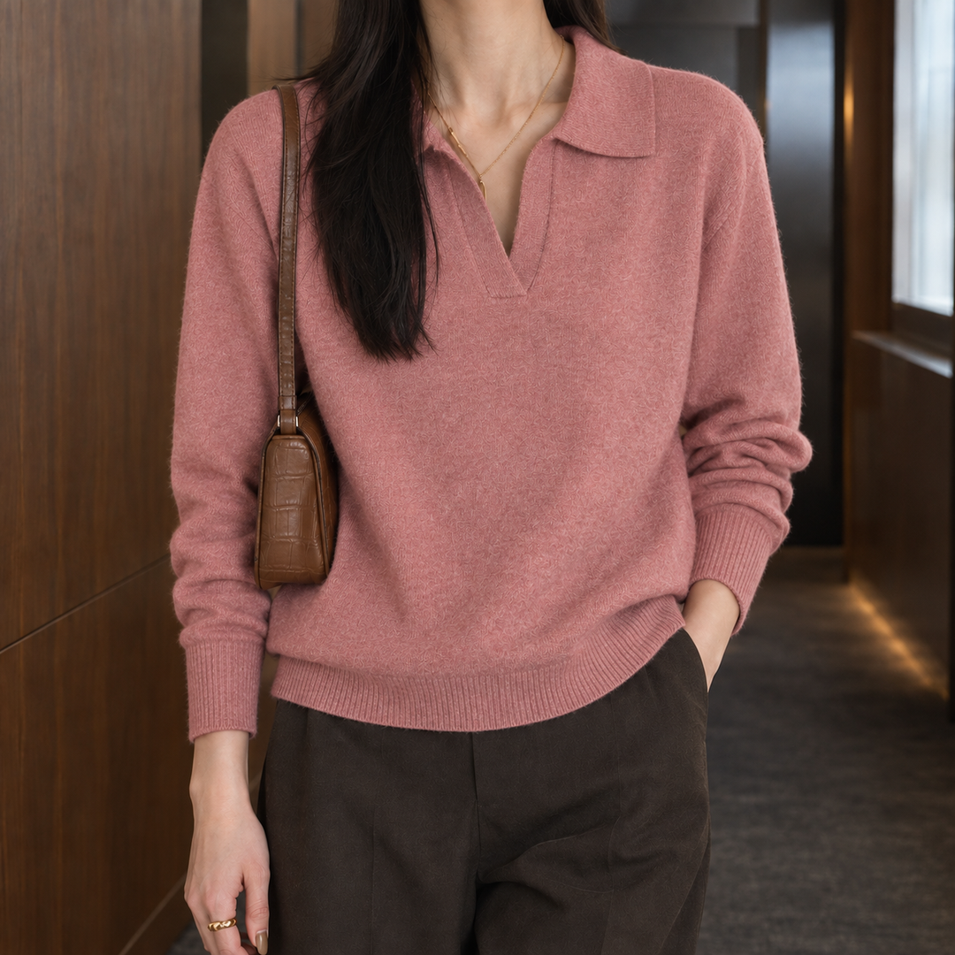 Women's Relaxed Polo Collar Knit Jumper – Selma – Dusty Pink – front view