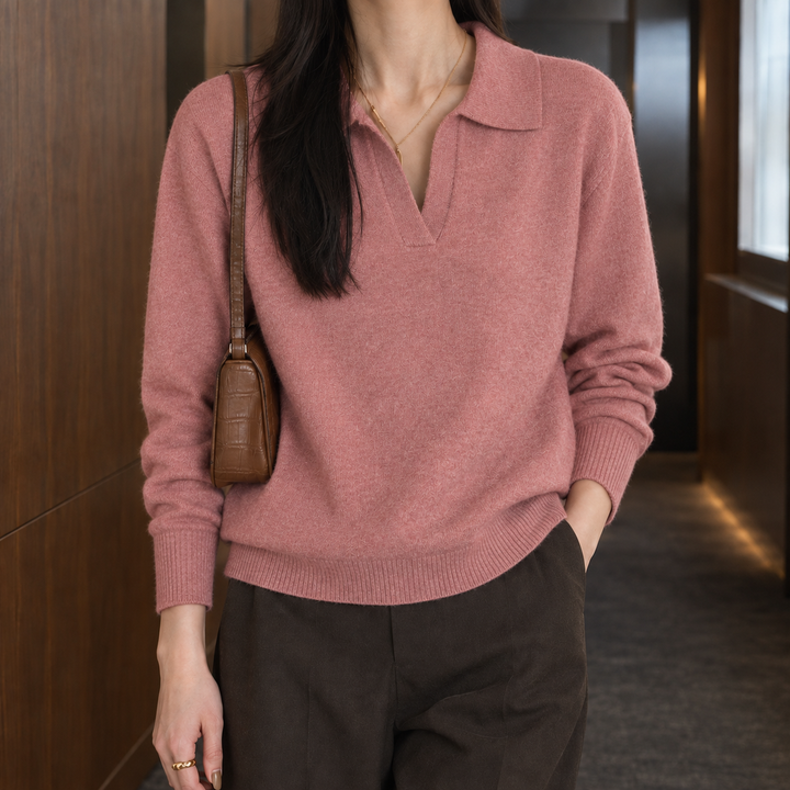 Women's Relaxed Polo Collar Knit Jumper – Selma – Dusty Pink – front view
