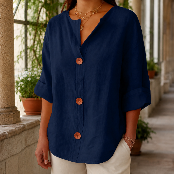 Women's Relaxed V-Neck Three-Quarter Sleeve Shirt Valencia – Navy – front