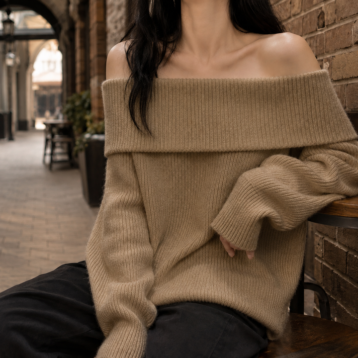 Dorothy - Women's off-shoulder jumper in Camel – front view