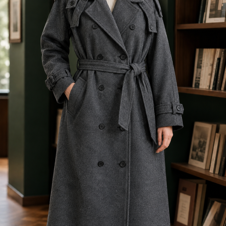 Portree women's soft-touch longline coat in Grey – front view