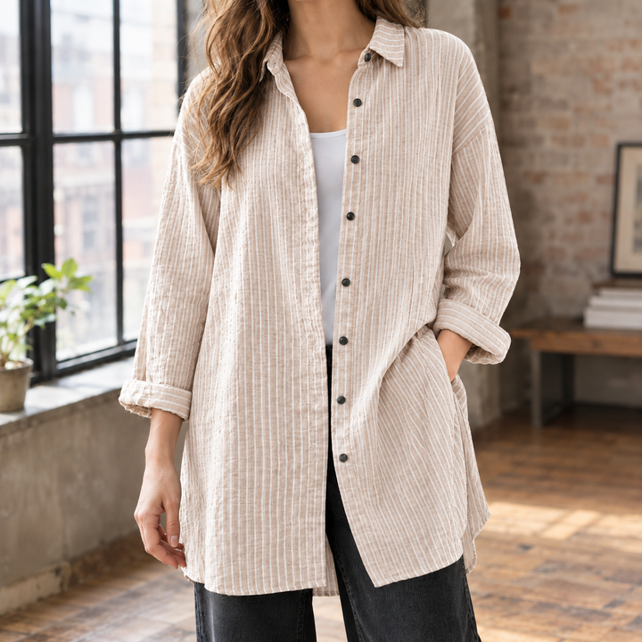 Women's Striped Longline Oversized Button-Up Shirt Leontine – Beige – front