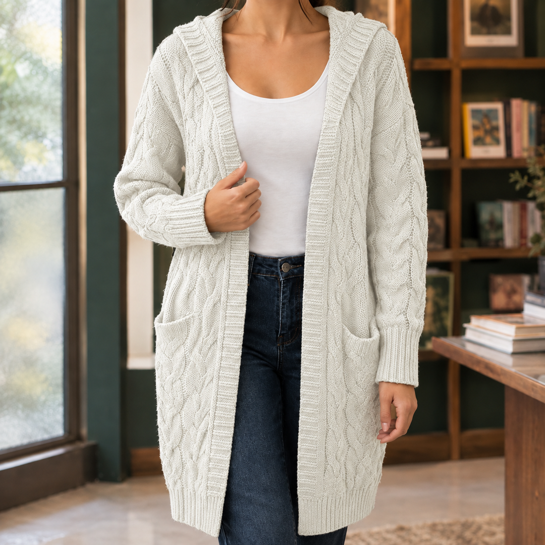 Women's Longline Hooded Cable Knit Cardigan – Merryn – Off White – front view