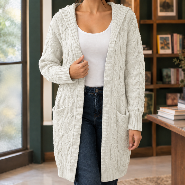 Women's Longline Hooded Cable Knit Cardigan – Merryn – Off White – front view