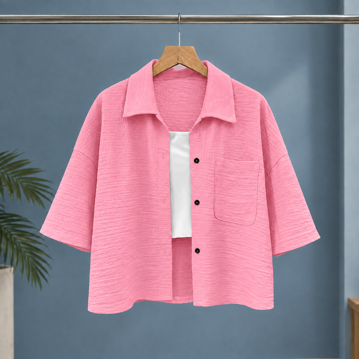 Women's Cropped Textured Short Sleeve Boxy Shirt Karen – Pink – front