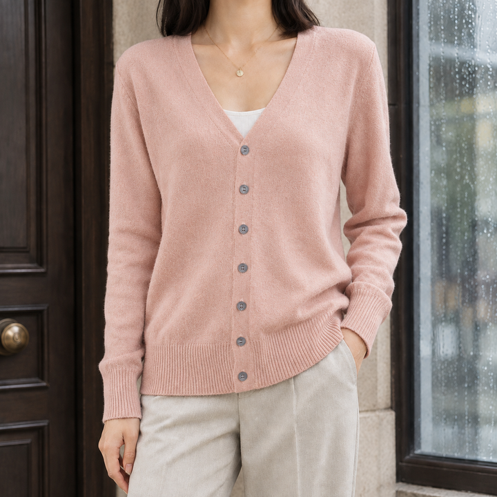 Women's Soft Knit V-Neck Button-Through Cardigan – Alanna – Pink – front view