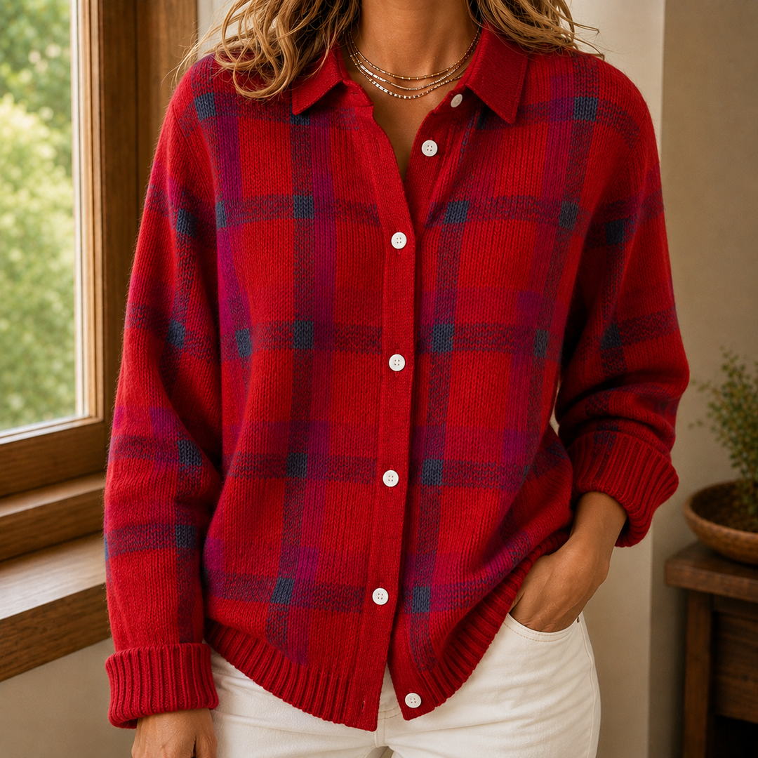 Aelwen - Women's check collared cardigan in Red – front view