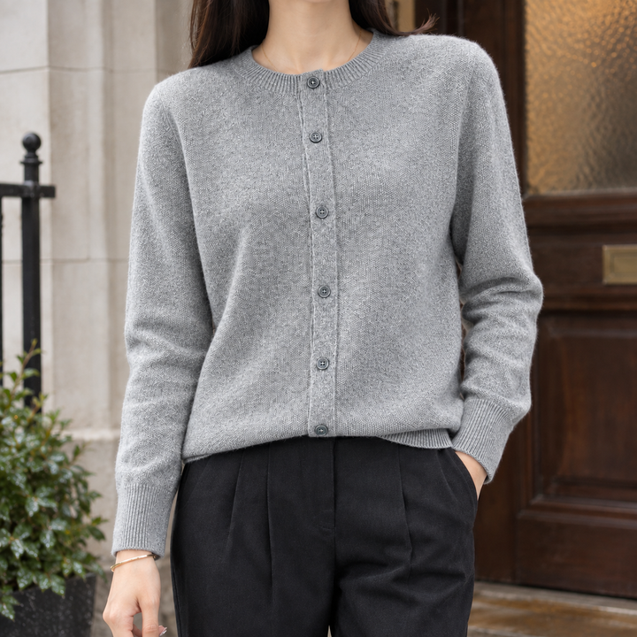 Women's wool-rich cardigan Paulette in Mid Grey – front view