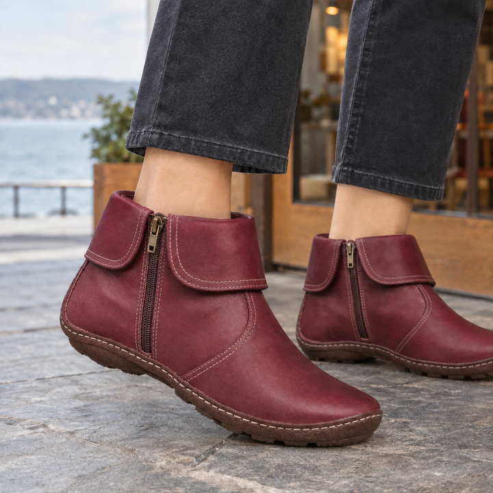 Troutbeck women's fold-over collar zip ankle boots in Burgundy – side view