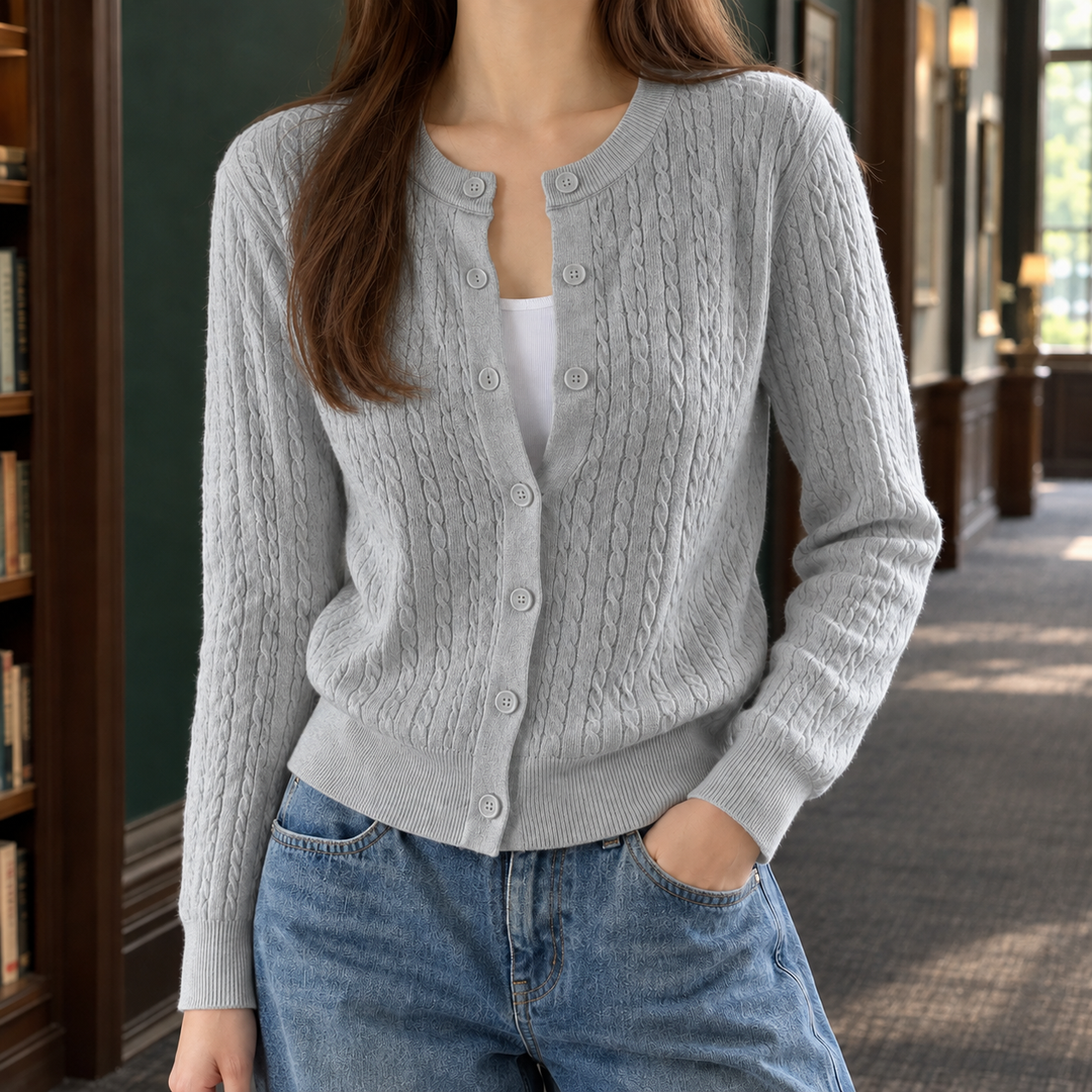 Women's Fine Cable Knit Crew Neck Button-Through Cardigan – Ceridwen – Grey – front view