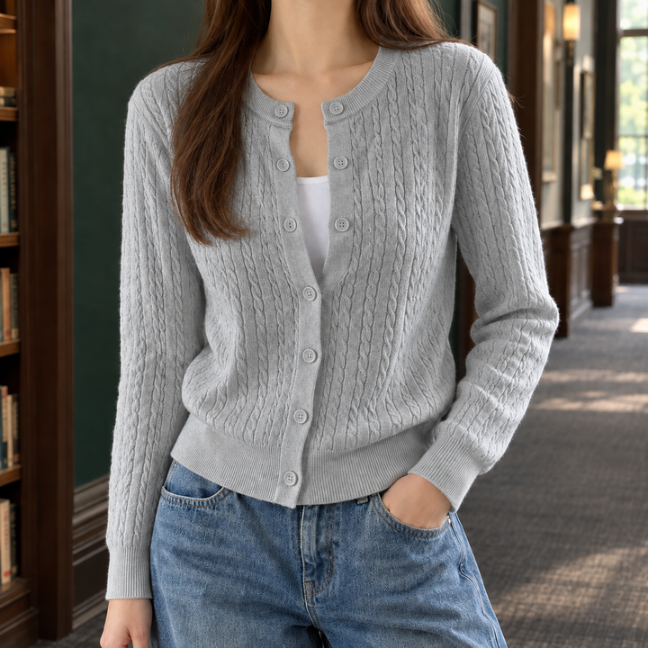 Women's Fine Cable Knit Crew Neck Button-Through Cardigan – Ceridwen – Grey – front view