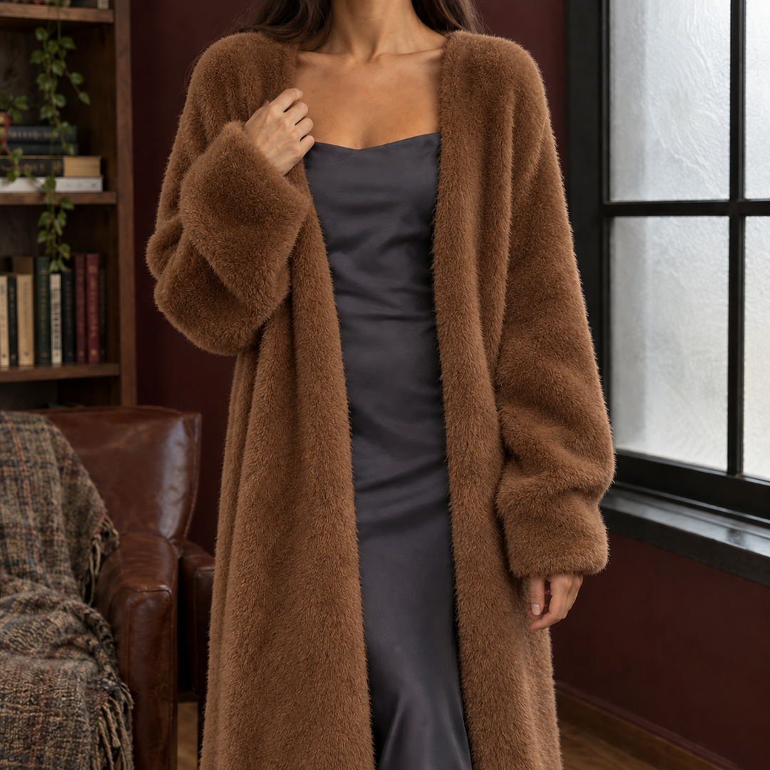 Women's Plush Longline Open-Front Cardigan – Allegra – Brown – front view