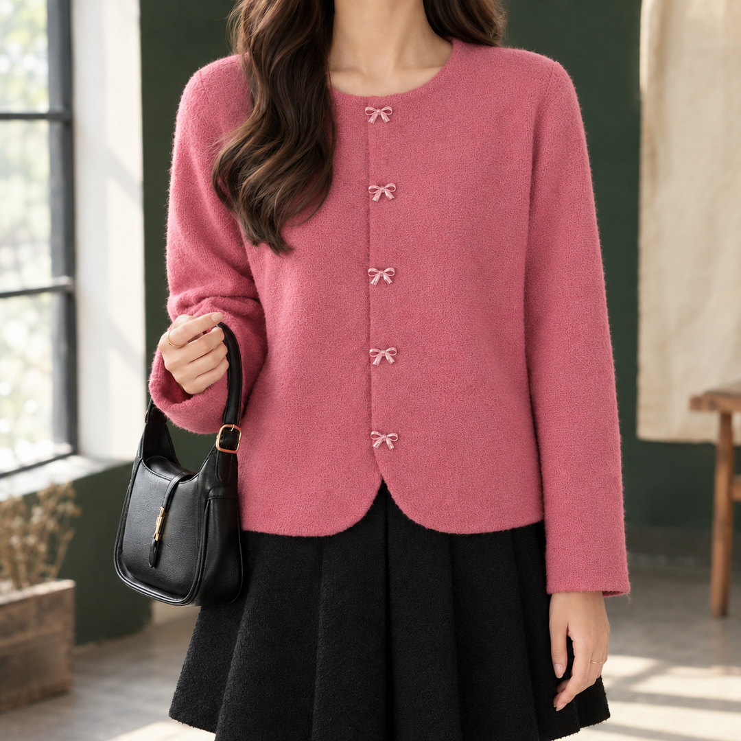 Women's Round Neck Cardigan with Bow Buttons – Avice – Pink – front view