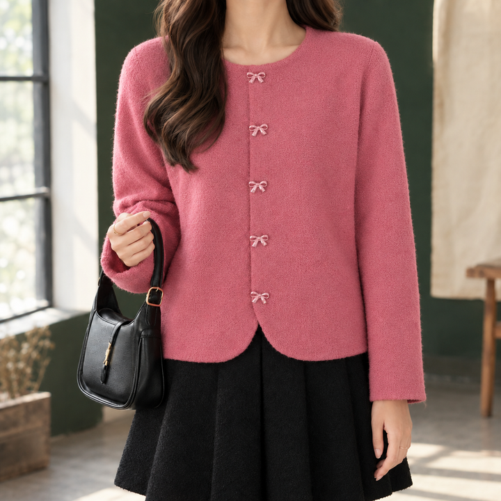 Women's Round Neck Cardigan with Bow Buttons – Avice – Pink – front view
