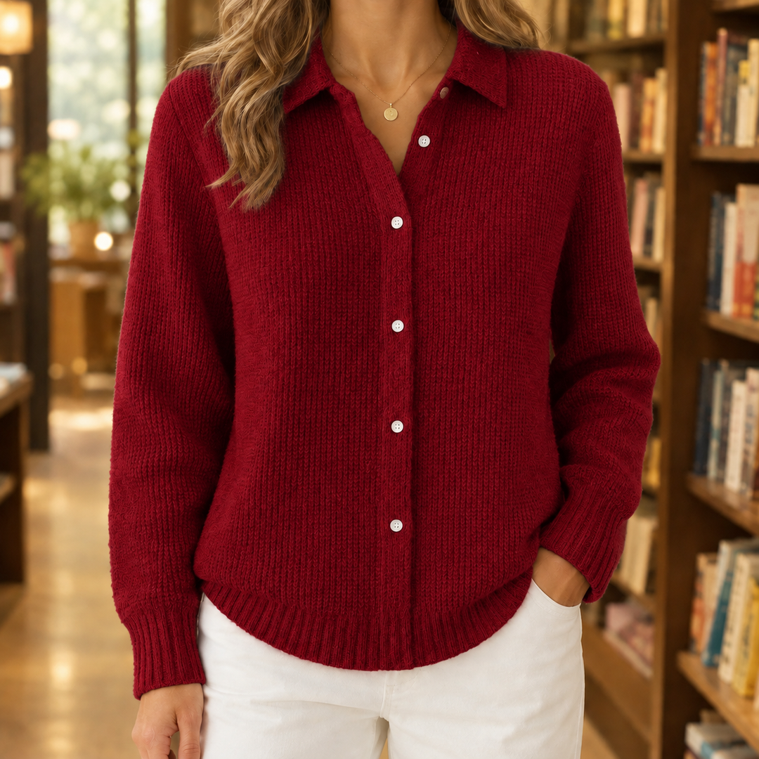 Annette - Women's collared button-through cardigan in Burgundy – front view