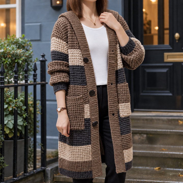 Calla - Women's hooded cardigan in Mocha – front view