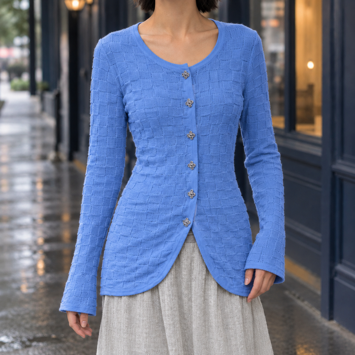 Women's Textured Button-Through Cardigan with Flared Sleeves – Eira – Blue – front view