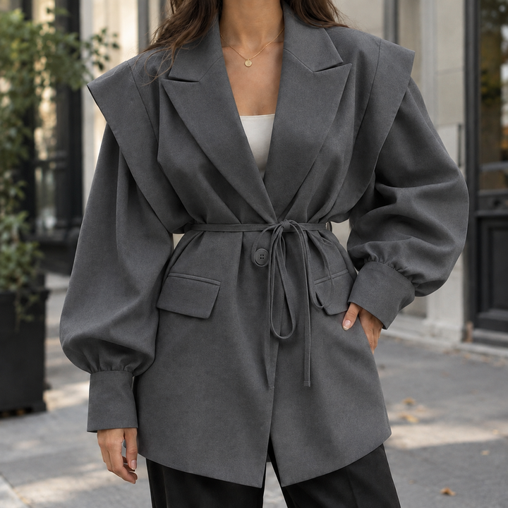Peebles women's belted blazer in Grey – front view
