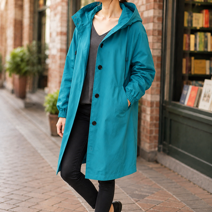 Lewes women's hooded overcoat in Teal – front view