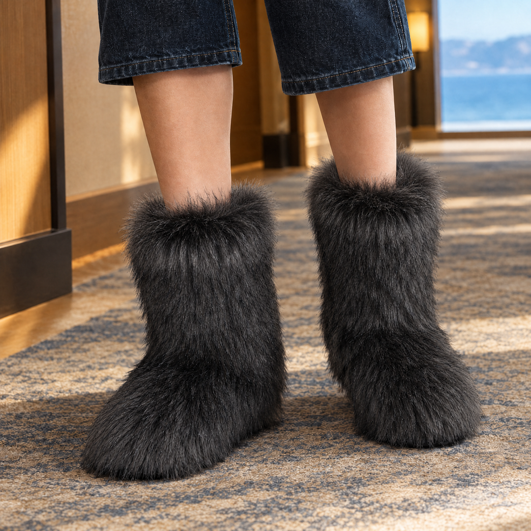 Buttermere women's fluffy plush mid-calf boots in Black – front view