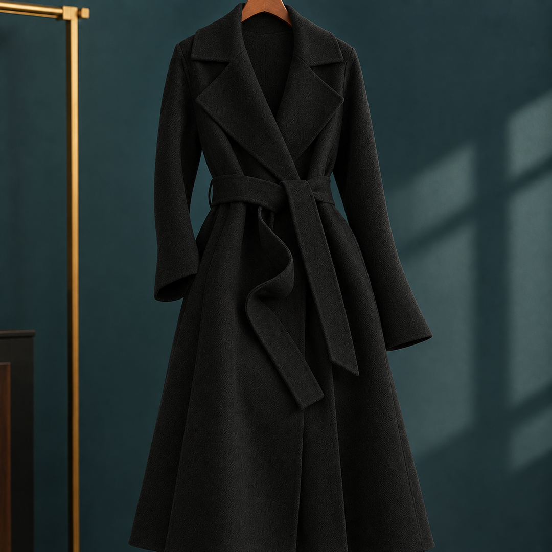 Woodstock women's wool wrap coat in Black – front view