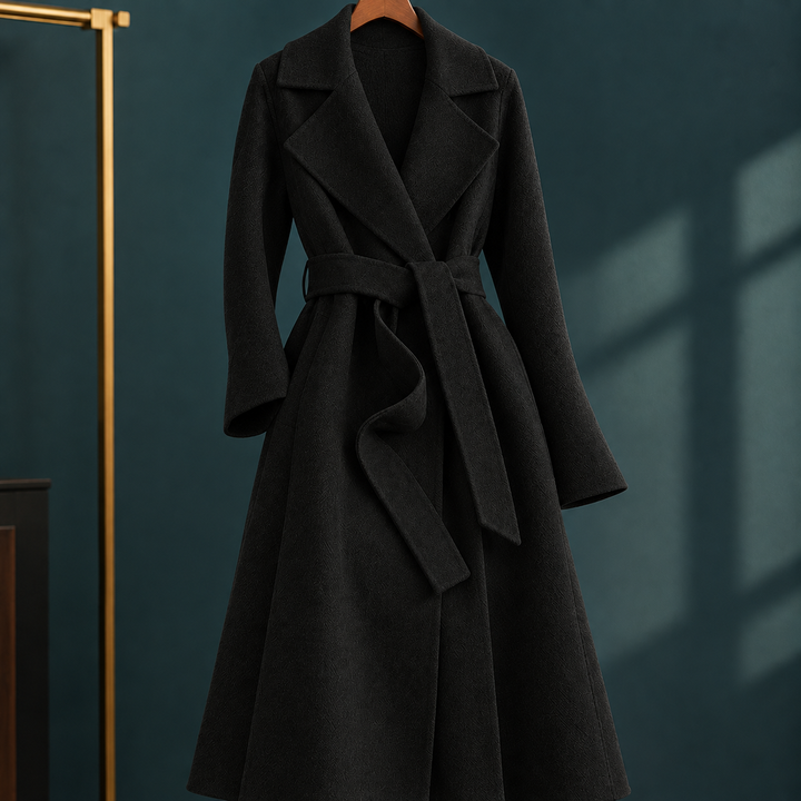 Woodstock women's wool wrap coat in Black – front view