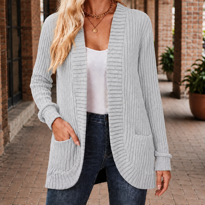 Women's Ribbed Open-Front Cardigan with Pockets – Angharad – Silver Grey – front view